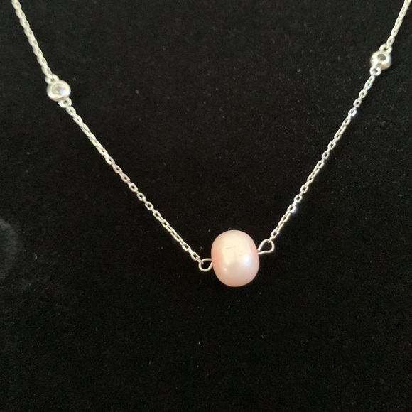 Genuine Pink Pearl, CZ, Sterling Silver Necklace - Picture 5 of 9